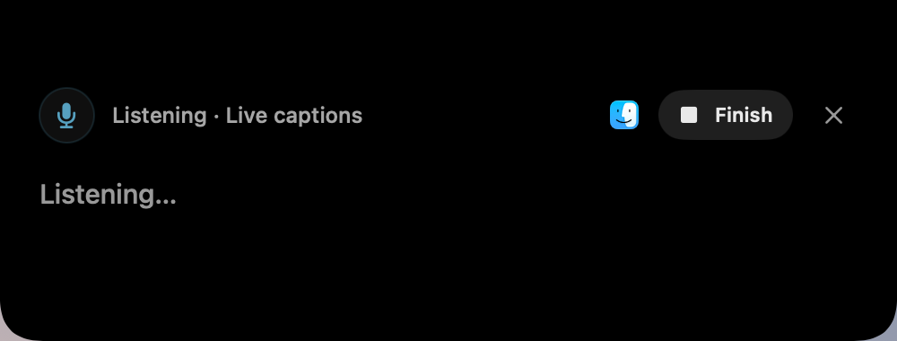The actual TypeBetter Mac dictation panel: black floating surface, Listening · Live captions, microphone, Finish and close controls.