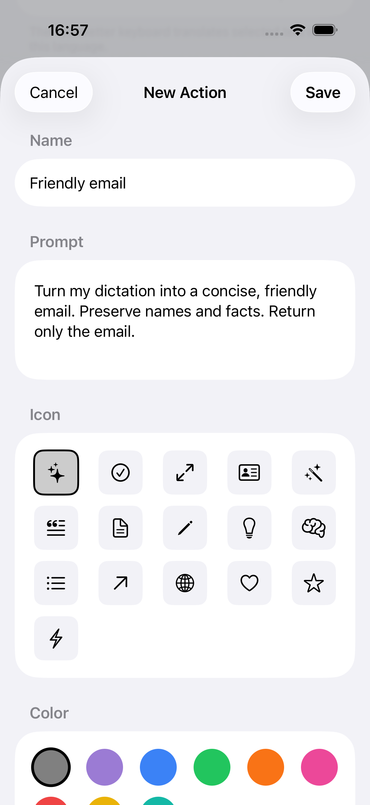The native New Action editor showing Friendly email, its full prompt and the icon choices.