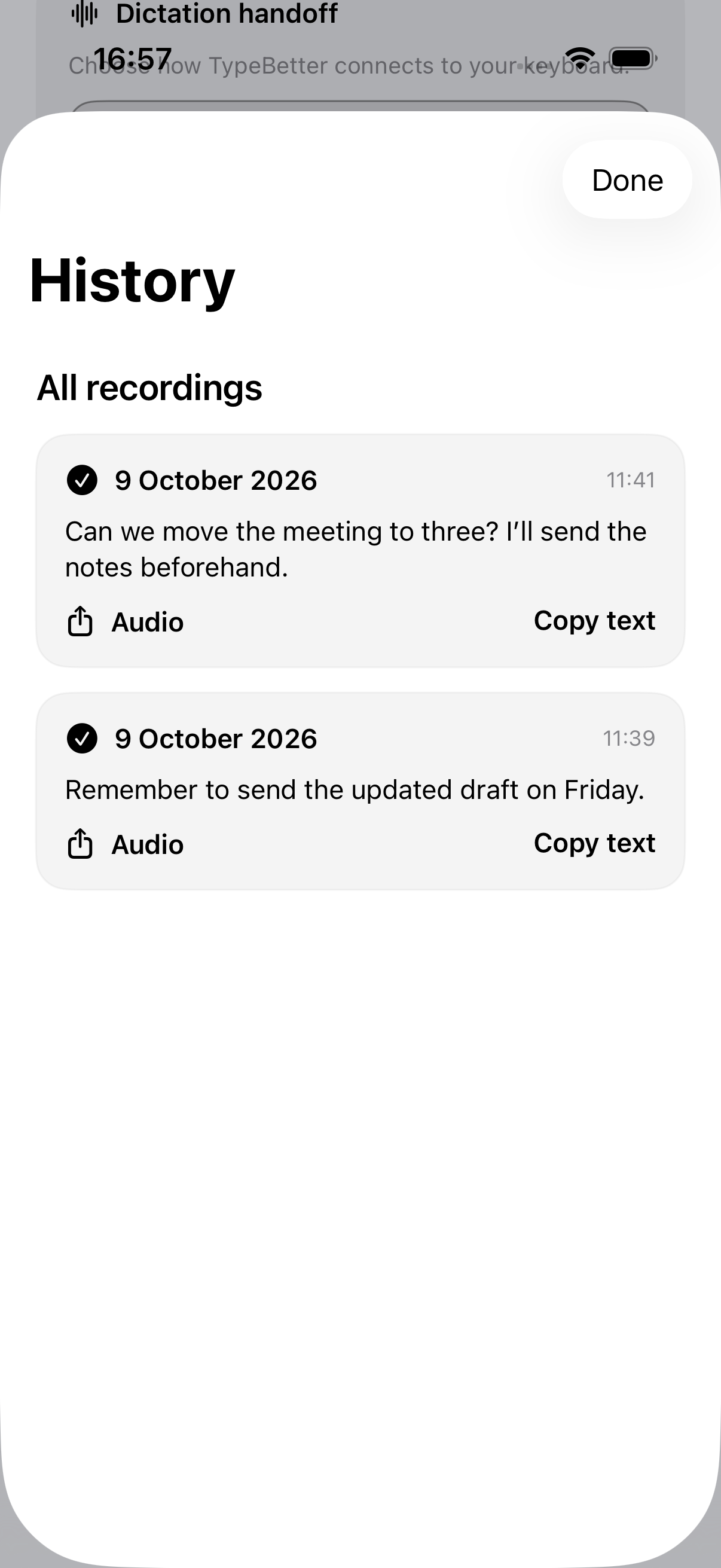 Native History detail with both sample recordings and their Audio and Copy text controls.