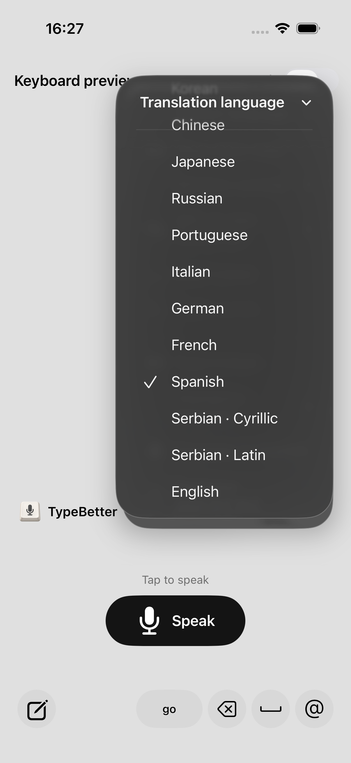 An excerpt of the actual Translation language menu, with Spanish selected and other language and script choices.