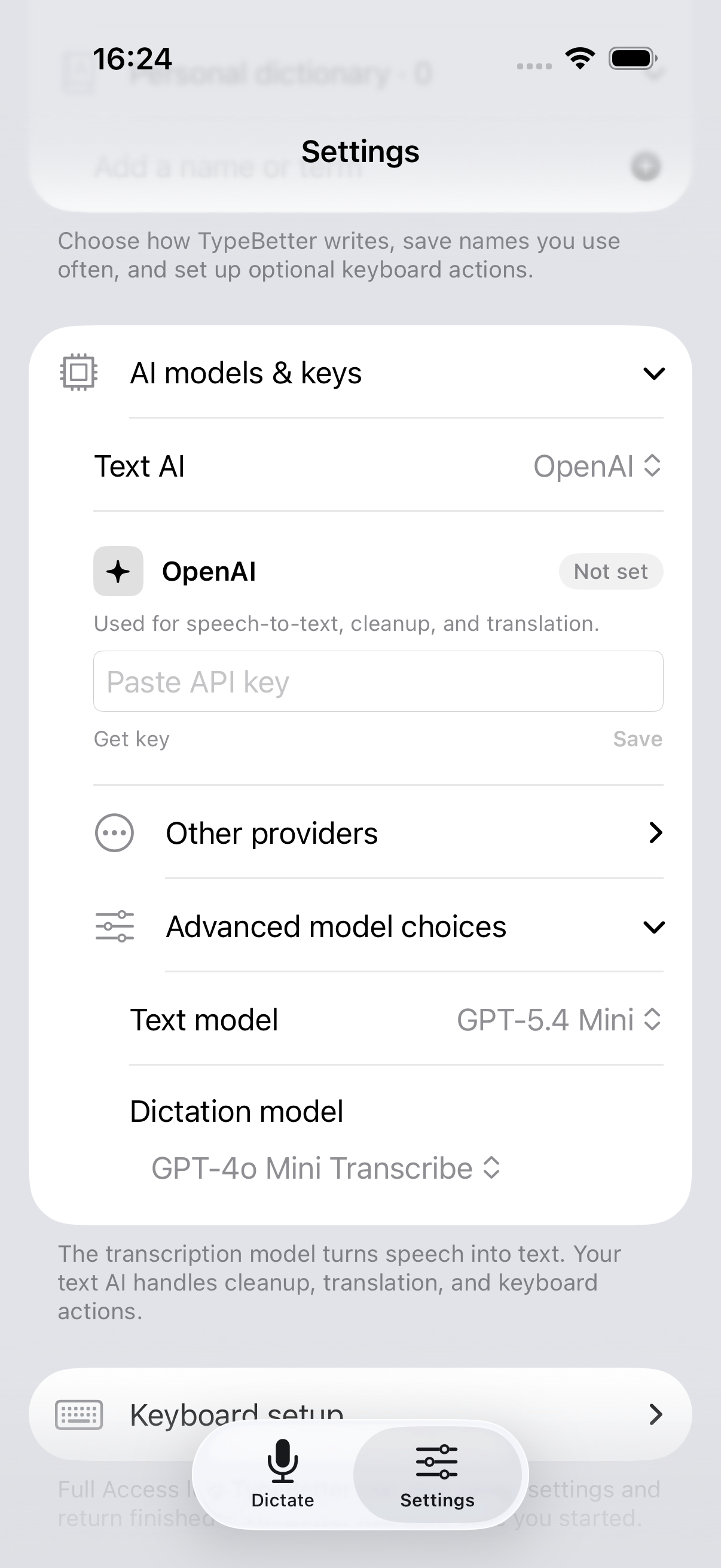 The app Settings for AI models and keys. No key is entered.