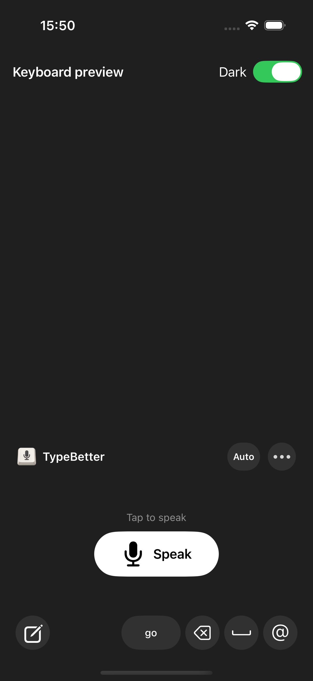 The actual TypeBetter keyboard with Speak, Help me write and editing controls.